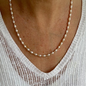 4mm Freshwater White Rice Pearl Necklace & Gold Fill or Sterling Silver Beads, Small Tiny Pearl Beaded Layering Choker, Gift for her Bridal