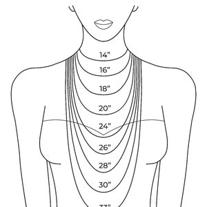May include: A line drawing of a woman's torso showing different necklace lengths in inches, from 14 inches to 33 inches.