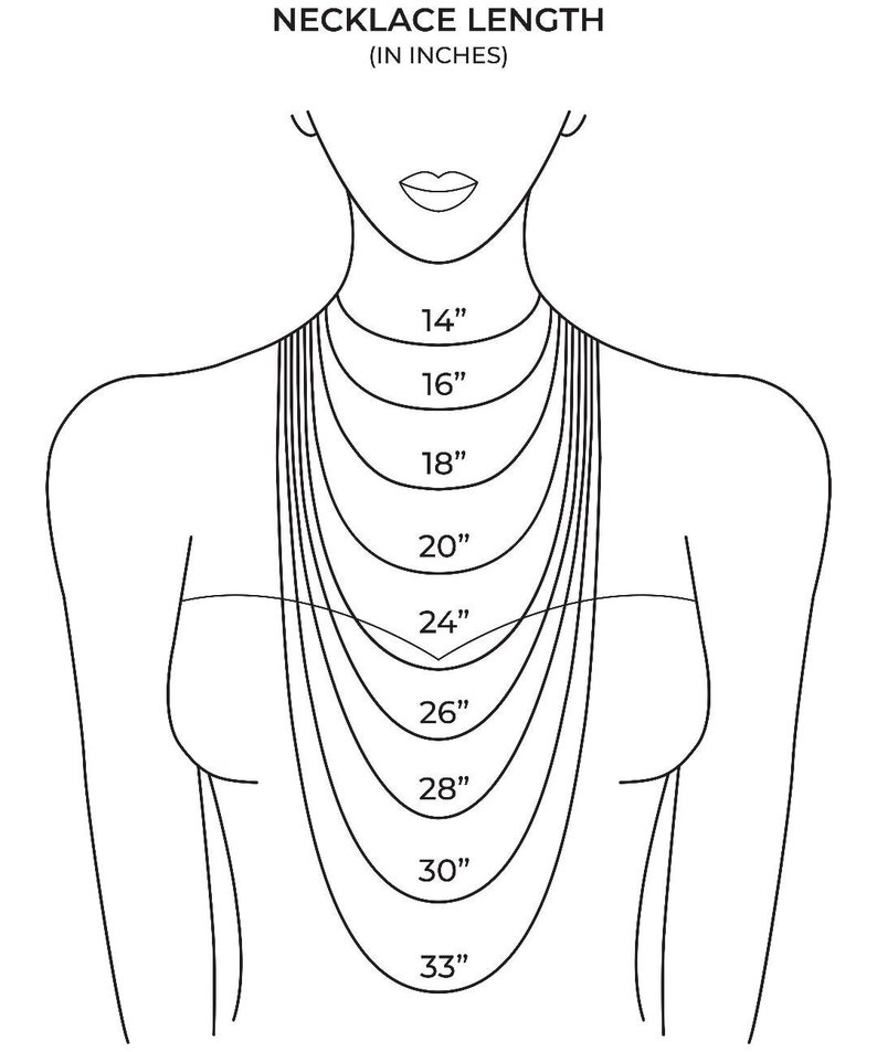 May include: A line drawing of a woman's torso showing different necklace lengths in inches, from 14 inches to 33 inches.