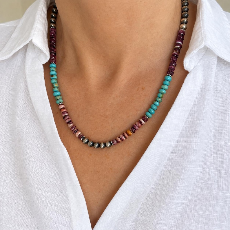 6mm Kingman Arizona Turquoise Purple Spiny Oyster Lions Paw Shell & Sterling Silver Navajo Pearl Necklace