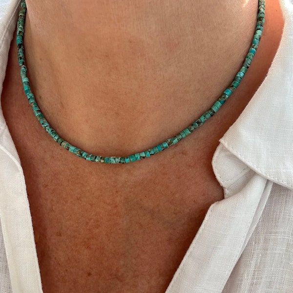 Kingman Turquoise Beaded Necklace, Turquoise Heishi Bead Necklace, Small Dainty Delicate Tiny Micro 3mm High Grade American Turquoise Choker