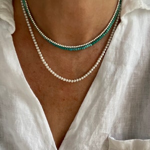 2mm Micro Faceted Blue Green Ombre Turquoise Necklace, Tiny Dainty Small Minimalist Layering Silver Or Gold Modern Beaded Gemstone Choker