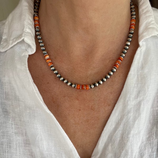 Orange Spiny Oyster & Sterling Silver Necklace, 6mm Rondelle Unique Colorful Handmade Cute Sparkly Hippie Boho Bead Bohemian Choker Jewelry