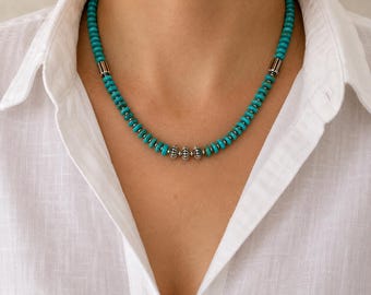 Sky Blue Arizona Turquoise Heishi Necklace | Sterling Silver Navajo Beads