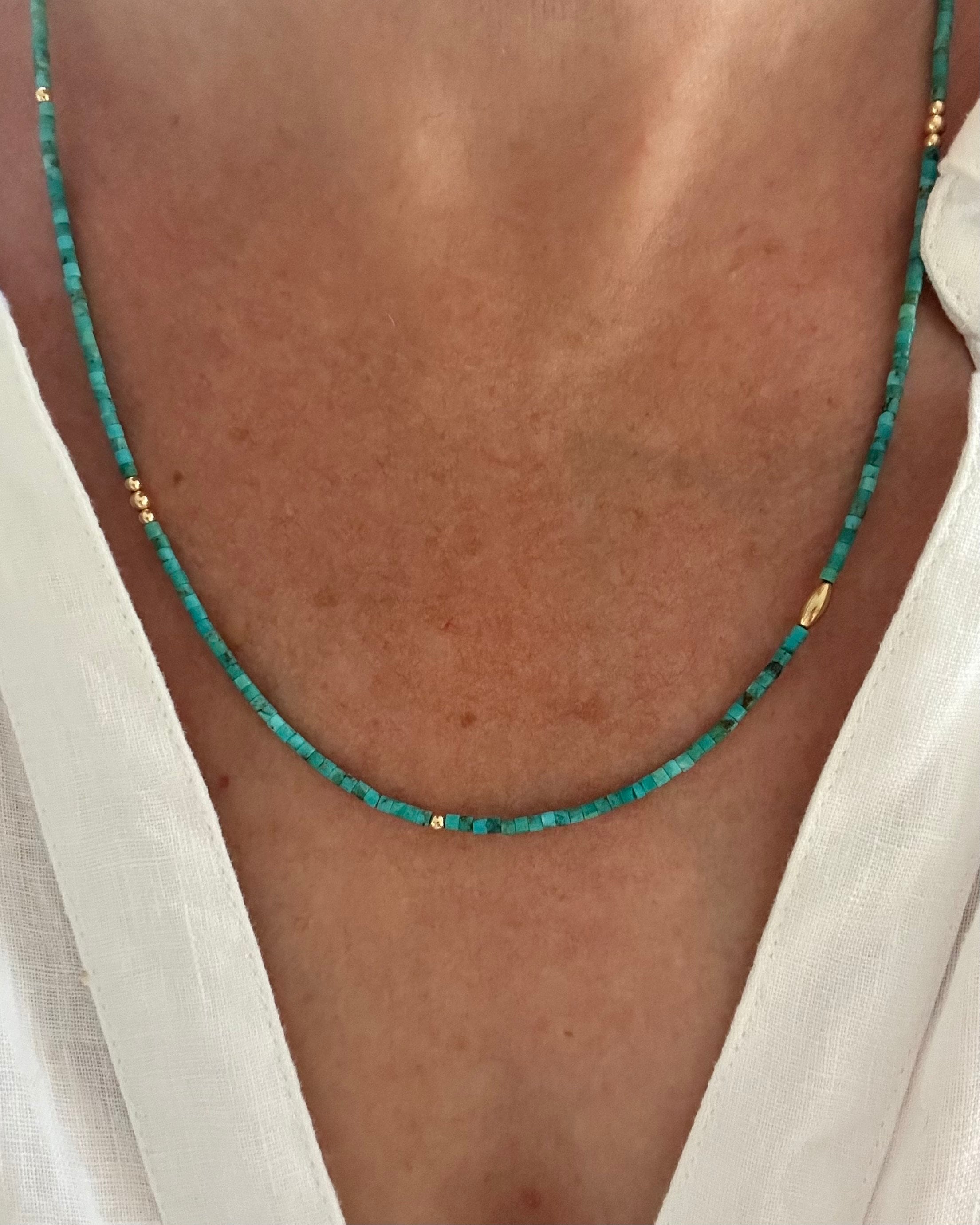 2mm Asymmetrical Heishi Beaded Turquoise Gemstone Choker Necklace, Modern Minimalist Artisan Designer Layering Jewelry, Gold or Silver Gift