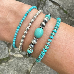 Graduated Blue Green Kingman Turquoise Bracelet, Navajo Pearls, Dainty Delicate Boho Wristlet, Layering Stacking Jewelry, Gift for Her