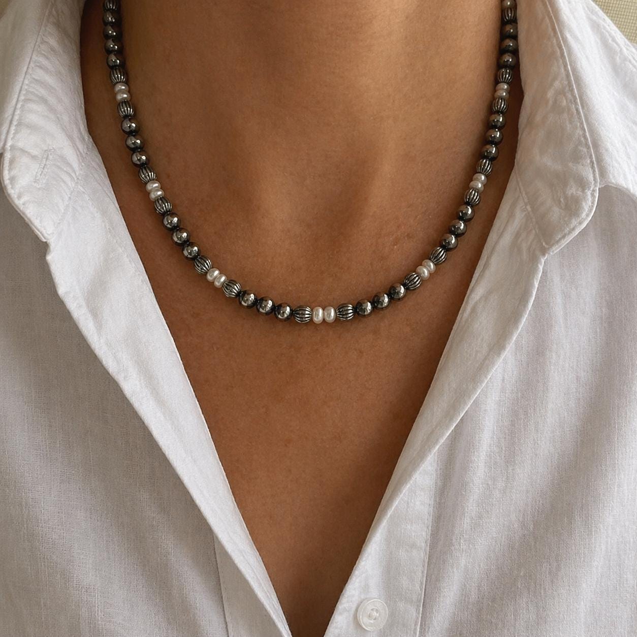 Freshwater Pearl and Navajo Pearls Necklace, 6mm Silver Oxidized