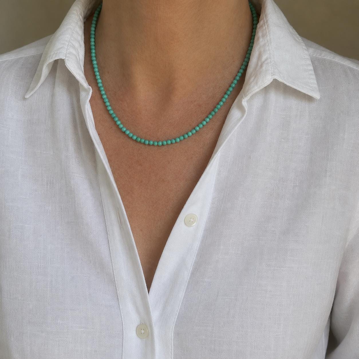 4mm Round Blue Green Kingman Turquoise Beaded Necklace, Authentic