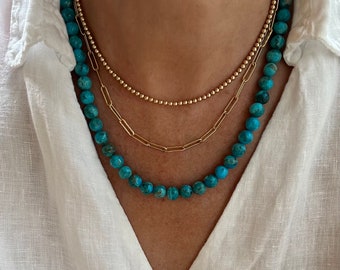 8mm Ocean Blue Round Kingman Turquoise Necklace, Sterling Silver or Gold Fill Beaded Southwest Genuine Gemstone Boho Navajo Minimal Choker