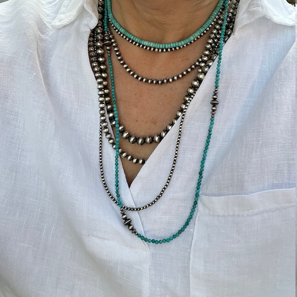4mm Navajo Perlen Halskette, .925 Sterling Silber Echte Navajo Perlen Perlenhalskette, Native American Desert Perlen Boho Choker