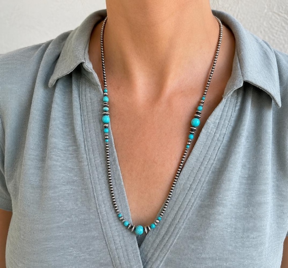8mm Round Baby Blue Kingman Turquoise Station Necklace With
