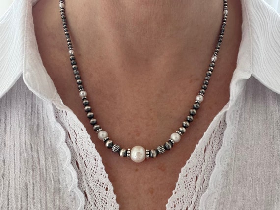 Cultured Freshwater Pearl Strand Necklace with Kingman Turquoise Bead - Handmade Cultured Freshwater Pearl Strand Necklace with Kingman Turquoise Bead - Handmade