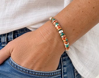 Turquoise & Spiny Oyster Heishi Bracelet, 6mm Gemstone Beads, Sterling Silver or Gold Filled
