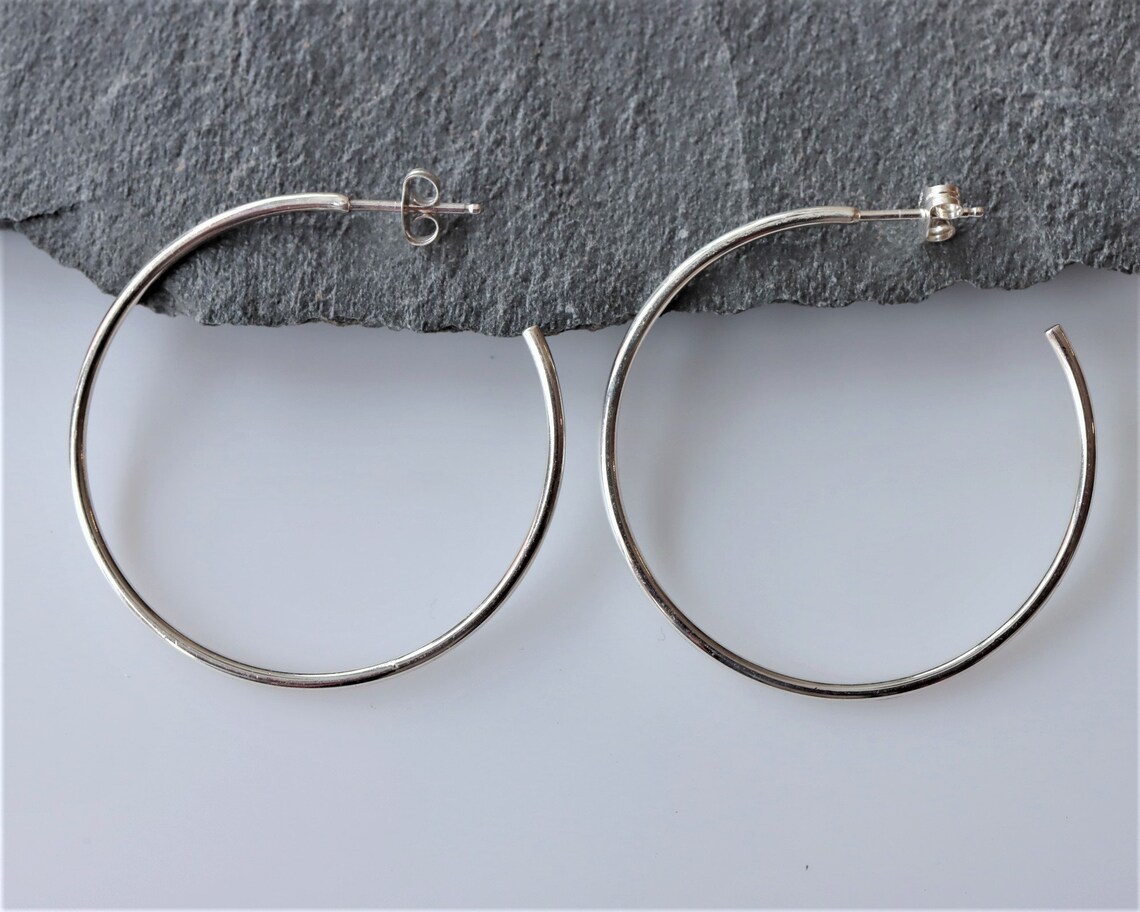 Sterling Silver Thin Post Hoop Earrings Simple Polished Etsy