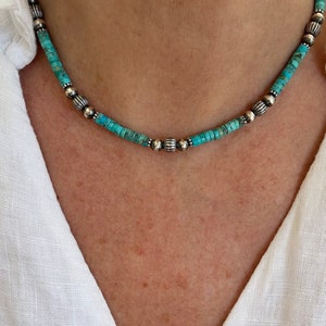 Kingman Turquoise Blue Heishi Necklace, Modern Silver Navajo Pearls Everyday Handmade Simple Minimalist Beaded Boho Choker, Unisex Gift Men