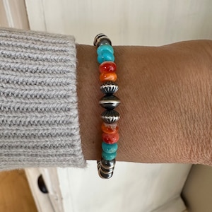 6mm Kingman Turquoise Spiny Oyster Navajo Pearls Bracelet, Sterling Silver Red Blue Minimalist Southwestern Healing Modern Gemstone Bracelet