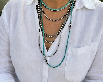 4mm Sterling Silver Navajo Pearl Style Bead Necklace, Southwest