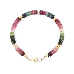 Brazilian Watermelon Tourmaline Bracelet, Faceted Gemstone Jewelry, 14K Gold & Diamond Accents, Handmade Elegant Beaded Minimalist Design
