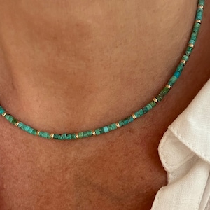 3mm Small Tiny Thin Genuine Arizona USA Turquoise Heishi Necklace, Modern Casual Formal Boho  Choker, Sterling, Yellow Gold Fill, SOLID GOLD