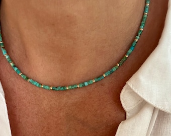 3mm Small Tiny Thin Genuine Arizona USA Turquoise Heishi Necklace, Modern Casual Formal Boho  Choker, Sterling, Yellow Gold Fill, SOLID GOLD