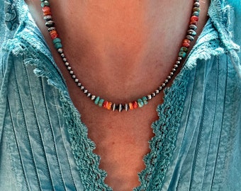 Kingman Turquoise & Spiny Oyster Navajo Pearls Style Necklace, Red, Blue Or Blue Green Minimal Southwestern Modern Silver Gemstone Choker