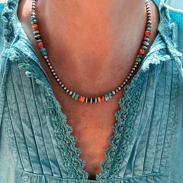 Kingman Turquoise & Spiny Oyster Navajo Pearls Style Necklace, 6mm Red, Blue, Blue Green Minimal Southwestern Modern Silver Gemstone Choker