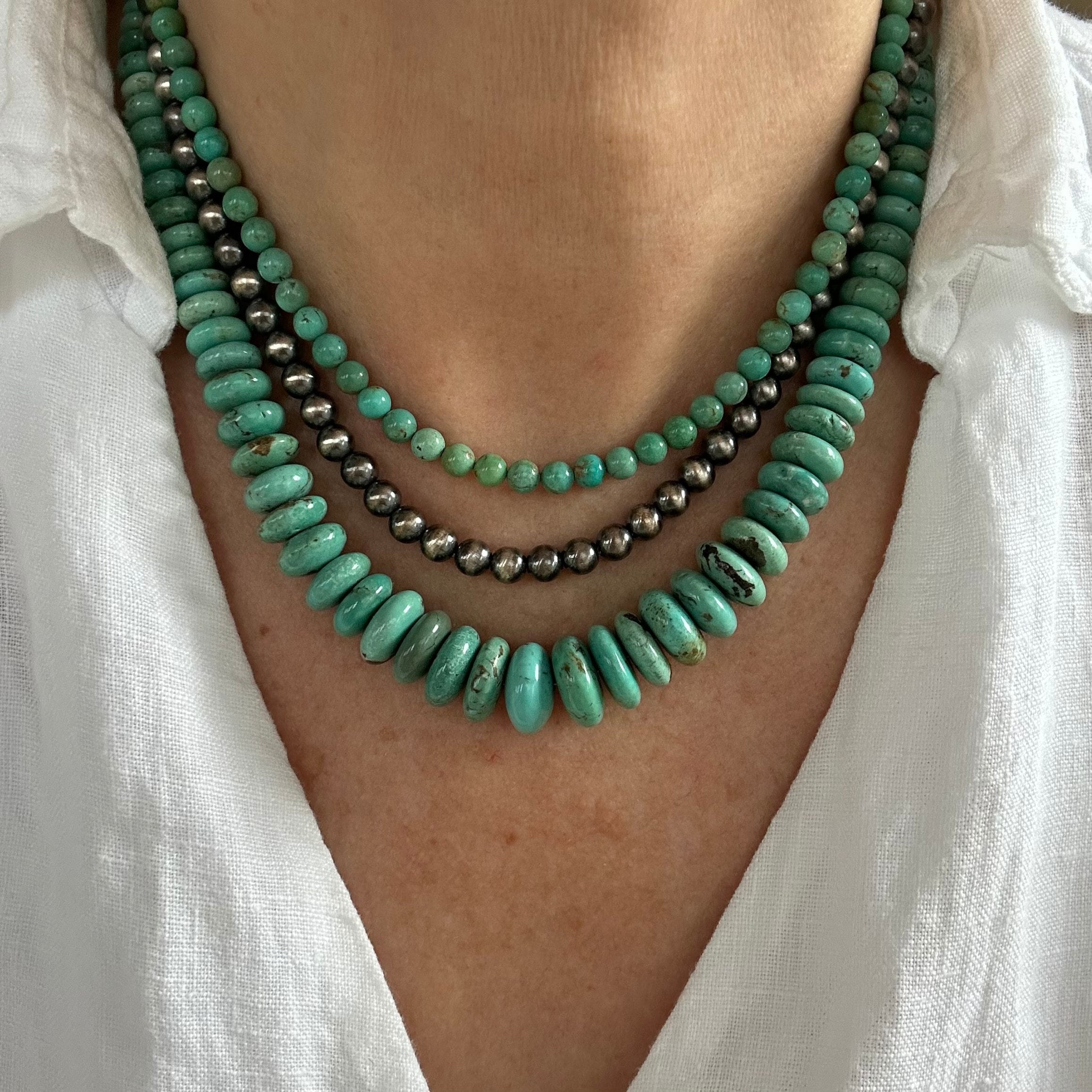 Large 14mm Sage Green Tapered Turquoise Necklace, Graduated Smooth Rounded Rondelle Beaded Gemstone Choker Fashion Artisan Statement Jewelry