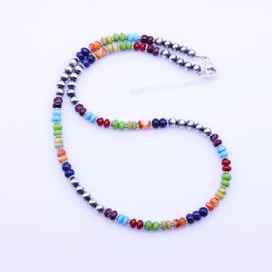 Multicolor Turquoise Silver Necklace, Blue Green Orange Yellow Necklace, Unique Colorful Handmade Lapis Coral Beaded Gemstone Choker Jewelry