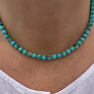 Sky Blue Kingman Turquoise Necklace, 6mm Round Genuine Turquoise Beaded Minimalist Southwestern Gemstone Modern Healing Navajo Necklace Gift