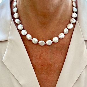 12mm Coin Pearl Necklace, White Freshwater Pearl Choker, AAA Flat Round Pearls, Solid 14k Gold, Gold Filled, Sterling Silver Lobster Clasp