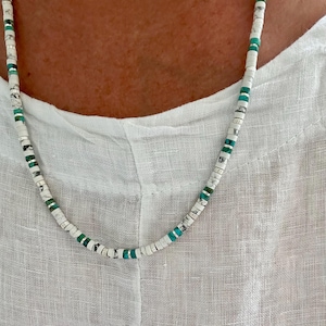 Blue Green Turquoise Heishi Beaded Silver Necklace, 4mm White Buffalo Howlite Unisex Modern Minimalist Contemporary Gemstone Choker Jewelry