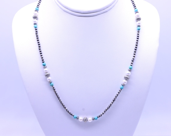 Cultured Freshwater Pearl Strand Necklace with Kingman Turquoise Bead - Handmade Cultured Freshwater Pearl Strand Necklace with Kingman Turquoise Bead - Handmade
