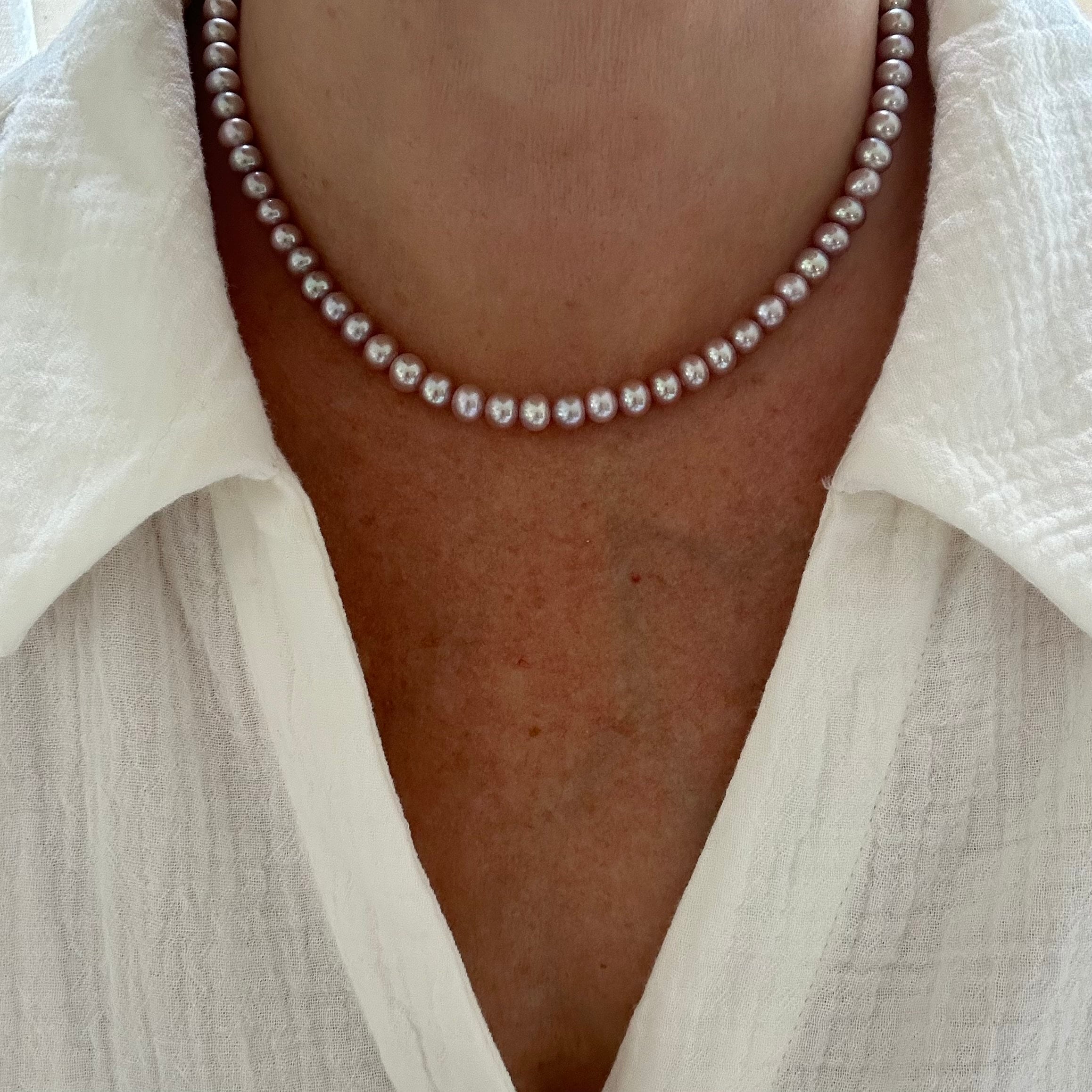 7mm Lavender Purple Pink Pearl Necklace, Round Blemish Free