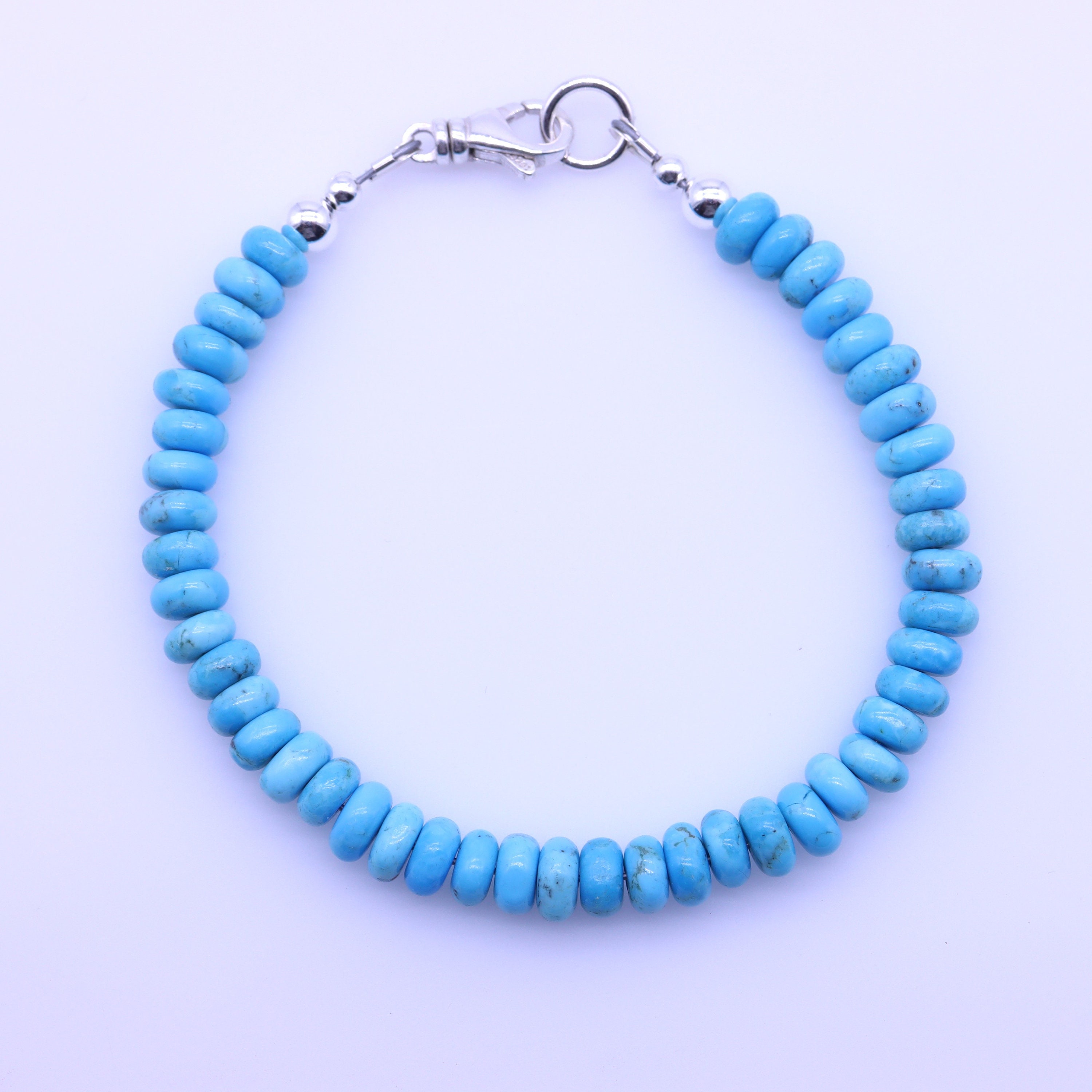 6mm Blue Kingman Turquoise Beaded Rondelle Bracelet, Genuine