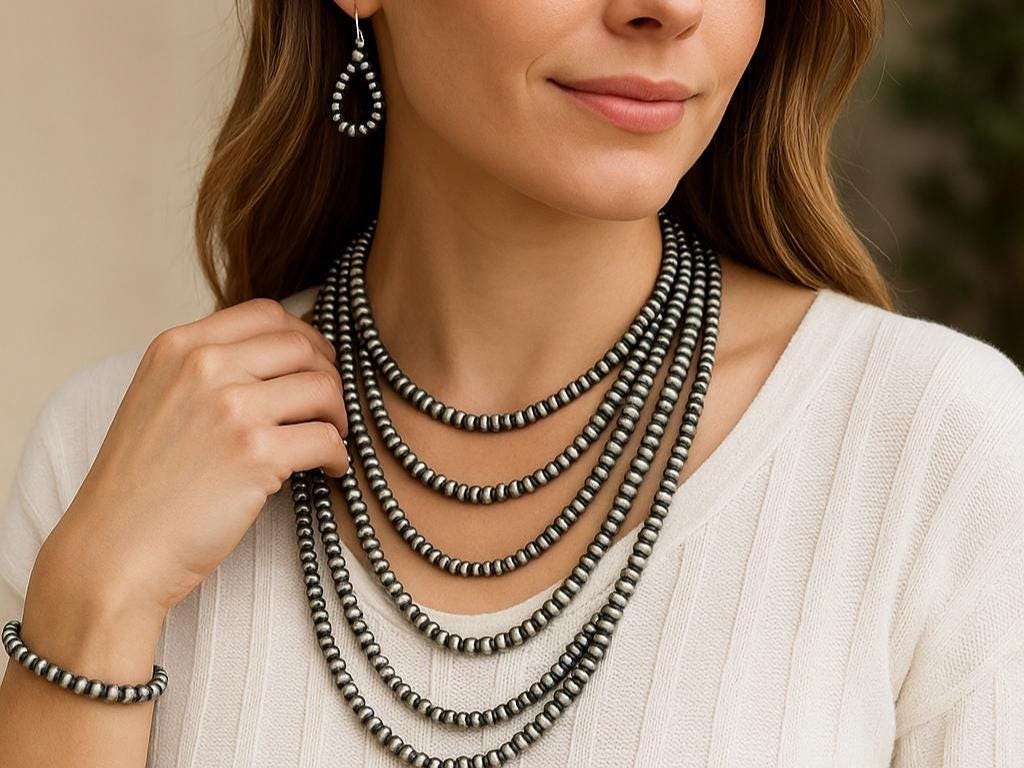 6mm Navajo Pearls Necklace, Real Genuine .925 Sterling