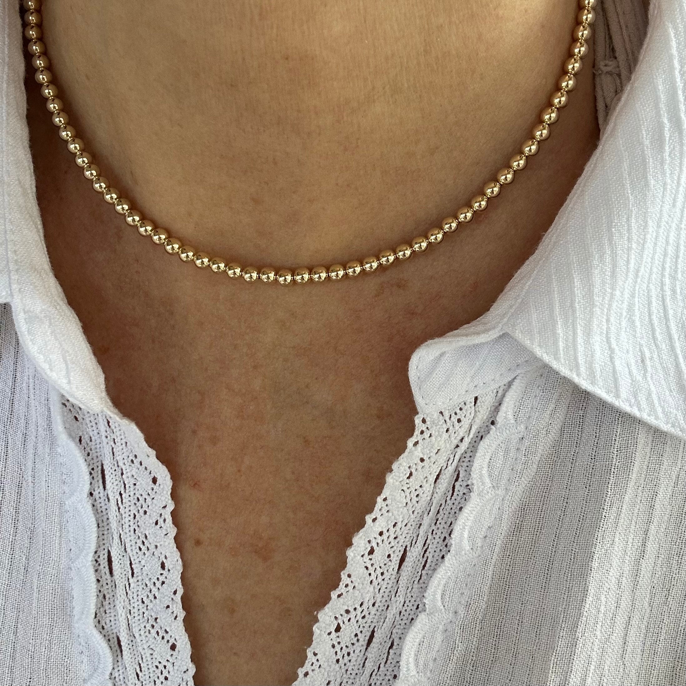 4mm Round Bead Gold Filled Necklace, Women's Small Cute Dainty Layering Simple Modern Delicate Feminine Minimalist Elegant Choker Jewelry