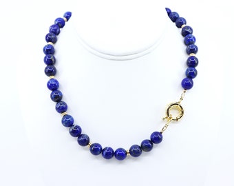 Large Round Blue Lapis Beaded Necklace, Big Bold Rich Lapis Lazuli & Yellow Gold Fill / Silver Sailor's Clasp Fashion Statement Fine Jewelry
