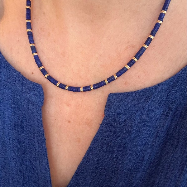 Blue Lapis & Gold Fill Necklace, 4mm Lapis Heishi Beads, Small Thin Colorful Smooth Beaded Designer Rope Choker Jewelry, Gift for Him Her