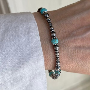 6mm Blue Kingman Turquoise Graduated Beaded Wave Bracelet, Genuine Turquoise Dainty Navajo Pearls Wristlet with Clasp, Handmade Boho Gift