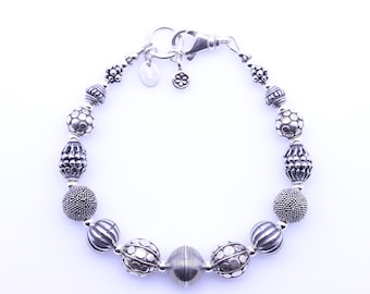 Graduated Sterling Silver Bali Bead Bracelet, Indonesian Island Charm Stunning Unusual Unique Modern Decorative Tropical Island Fashion Gift