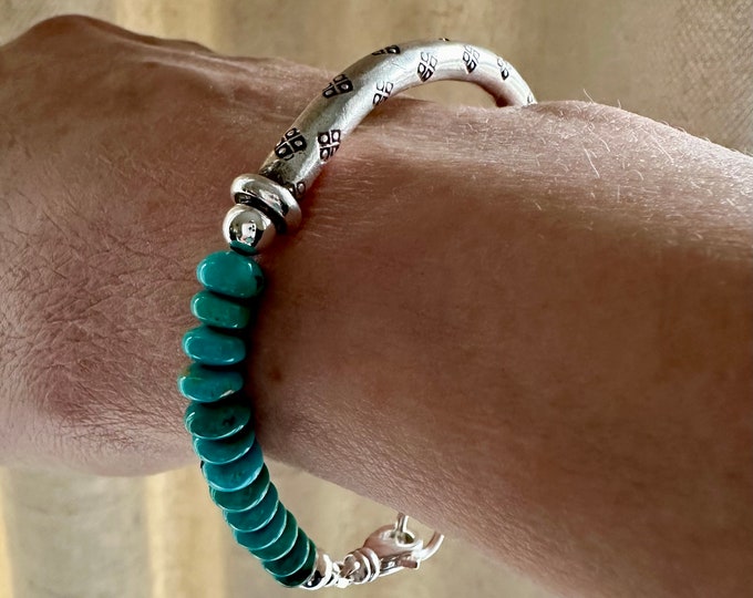 Kingman Turquoise, Pink Conch Shell Button Bracelet, Sterling Silver ...