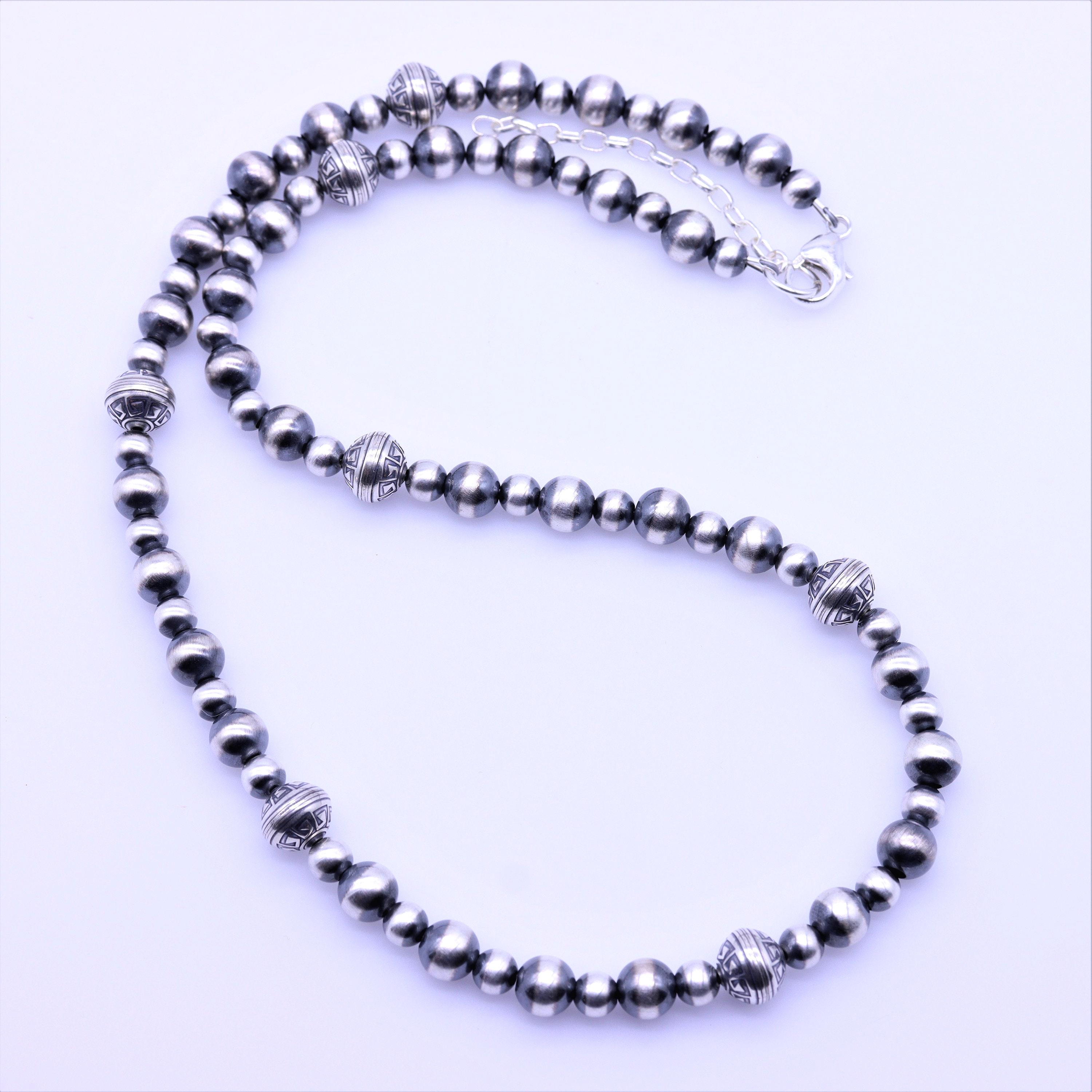 Navajo Pearls Beaded Necklace, Sterling Silver Unique Aztec Native