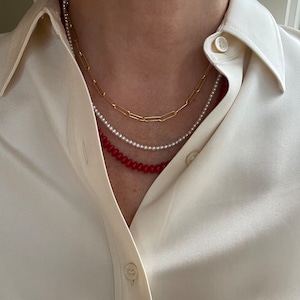 Deep Red 6mm Rondelle Coral Gemstone Necklace, Beaded Layering Minimalist Choker Necklace, Bead Healing Southwestern Boho Navajo Necklace