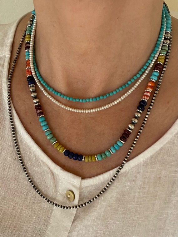 Cultured Freshwater Pearl Strand Necklace with Kingman Turquoise Bead - Handmade Cultured Freshwater Pearl Strand Necklace with Kingman Turquoise Bead - Handmade