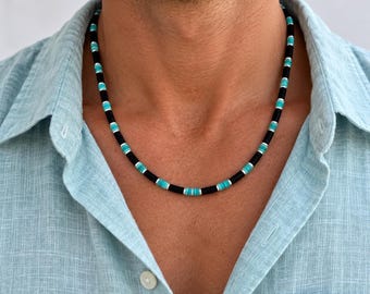 Modern Southwestern Heishi Necklace | Blue Arizona Turquoise, Black Onyx, Sterling Silver | Minimalist Artisan Jewelry Gift for Wife Husband