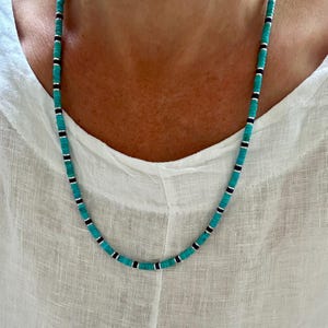 Kingman Turquoise and Lapis Lazuli Heishi Necklace | Minimalist Gemstone Necklace | Unisex Boho Handmade Jewelry | Silver / Gold Fill Beads