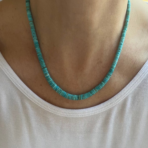 3-7mm Graduated Blue Natural Arizona Turquoise Beaded Heishi Necklace, Modern Minimalist Authentic Genuine Handmade Navajo Boho Chic Choker