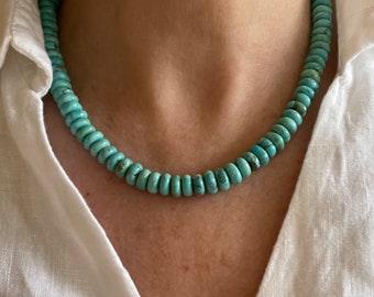 10mm Kingman Turquoise Necklace, Genuine Blue Green Big Huge Large Rondelle Bead Gemstone Healing Southwestern Navajo Turquoise Choker, Gift