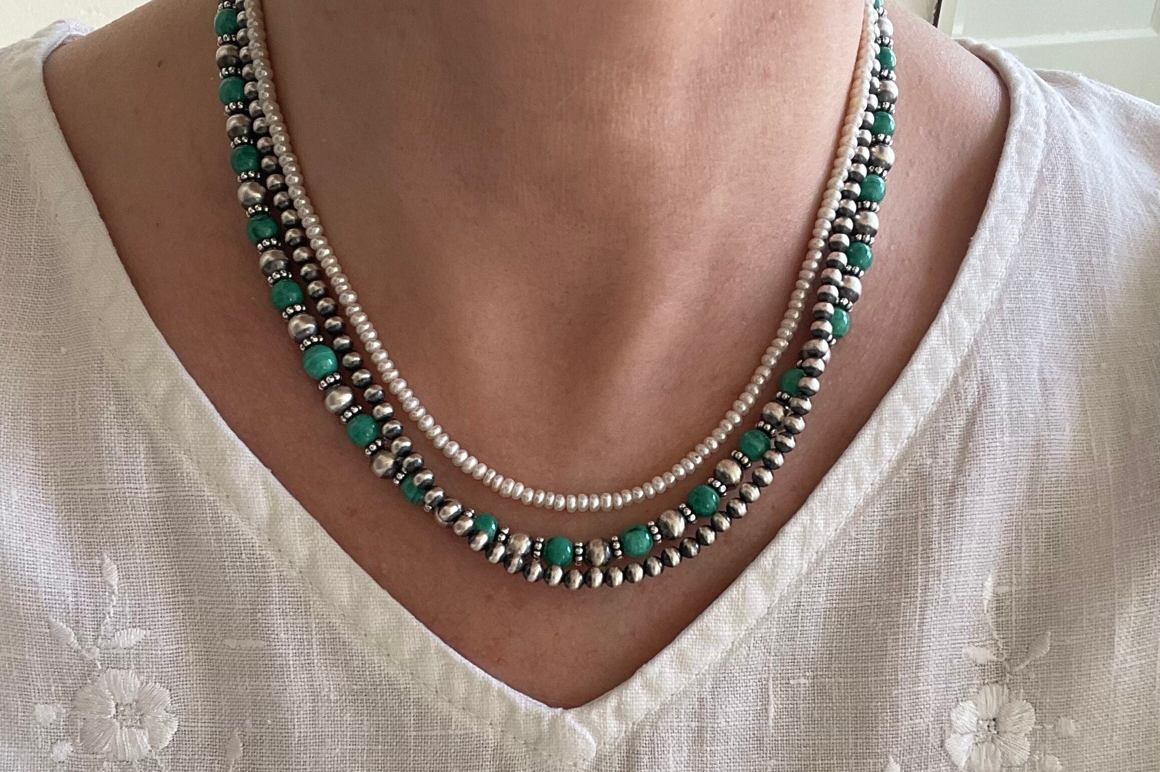 Malachite Navajo Pearl Necklace, 6mm Round Genuine AAA Grade Light Green Malachite & Sterling Silver Navajo Pearl Beaded Gemstone Necklace