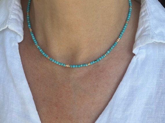 3mm Blue Turquoise Choker Necklace | Genuine Kingman Beads | Small